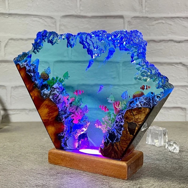 Jellyfish Ocean Art Resin Wood Table Lamp Art Home Decor