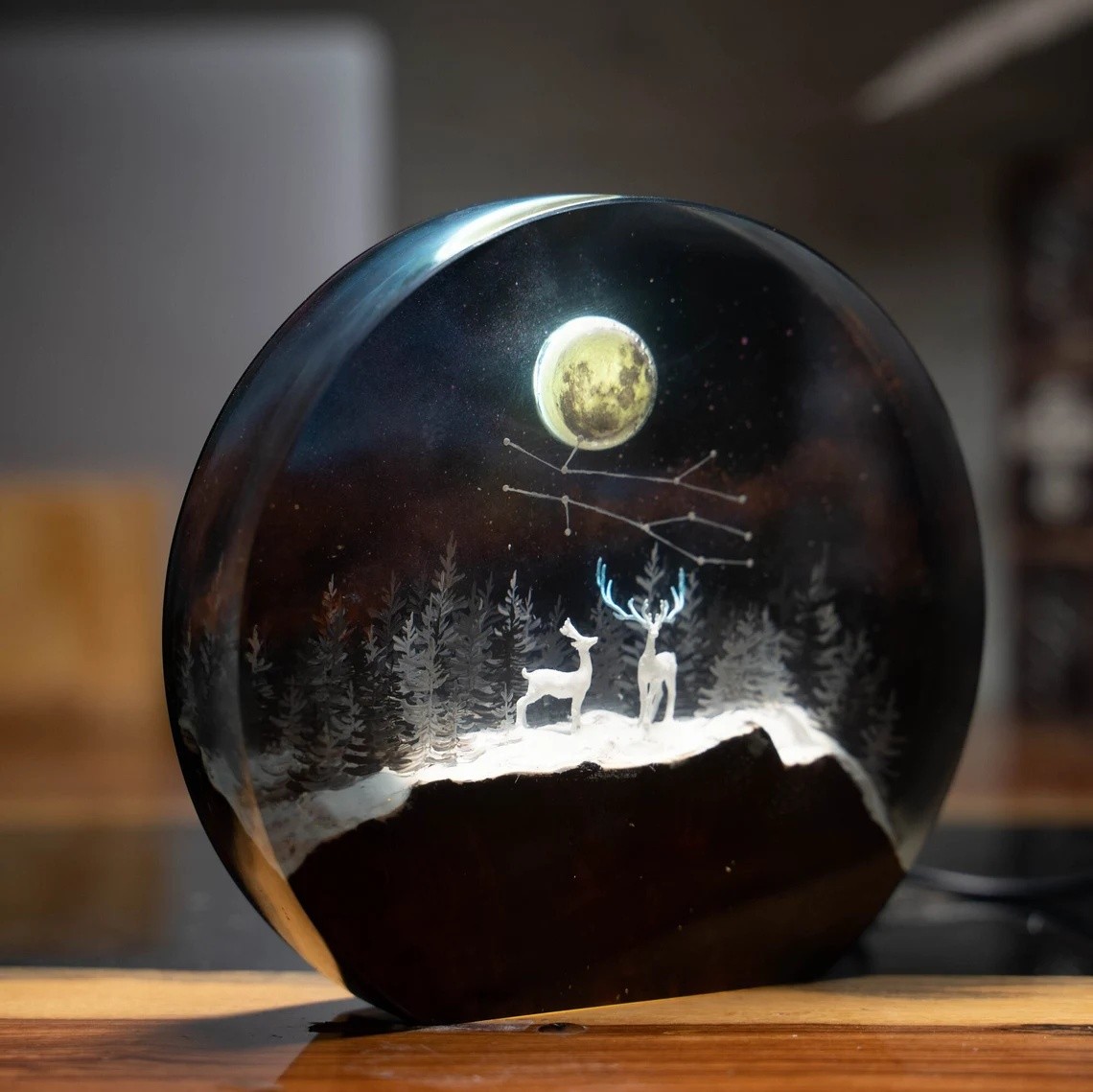 Forest Deer Resin Wood Lamp Art Home Decor For Birthday Christmas Gift