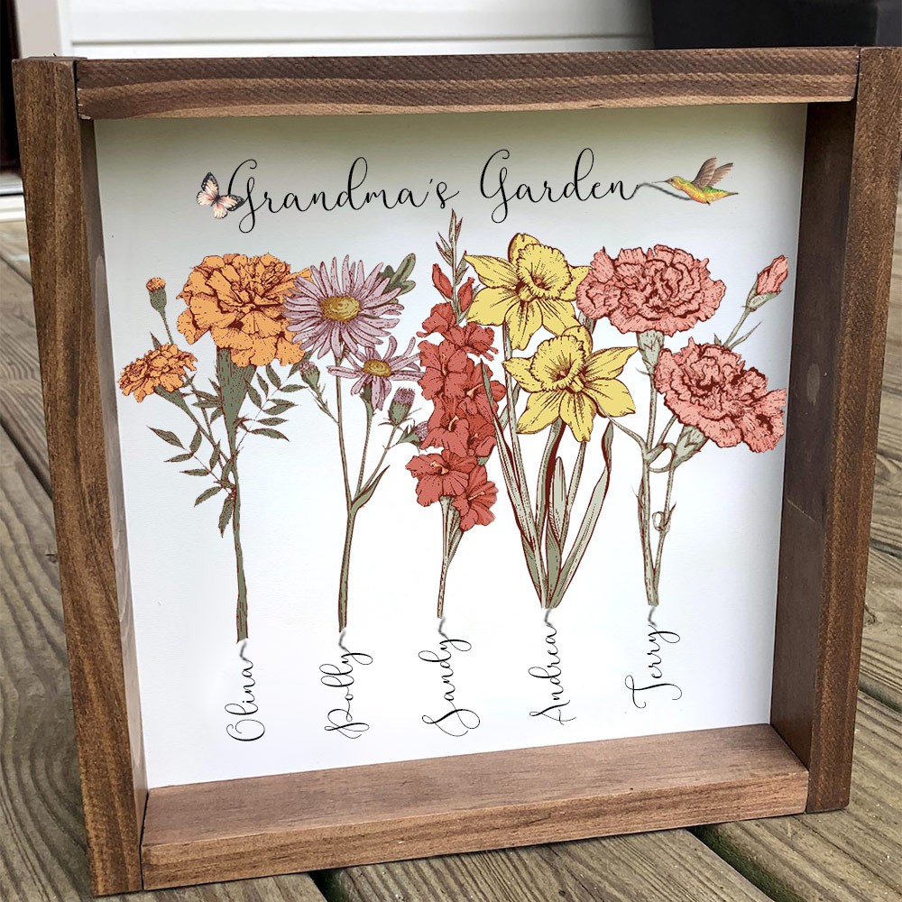 Personalized Grandma's Garden Birth Flower Frame With Grandchildren Name Home Wall Art For Mother's Day