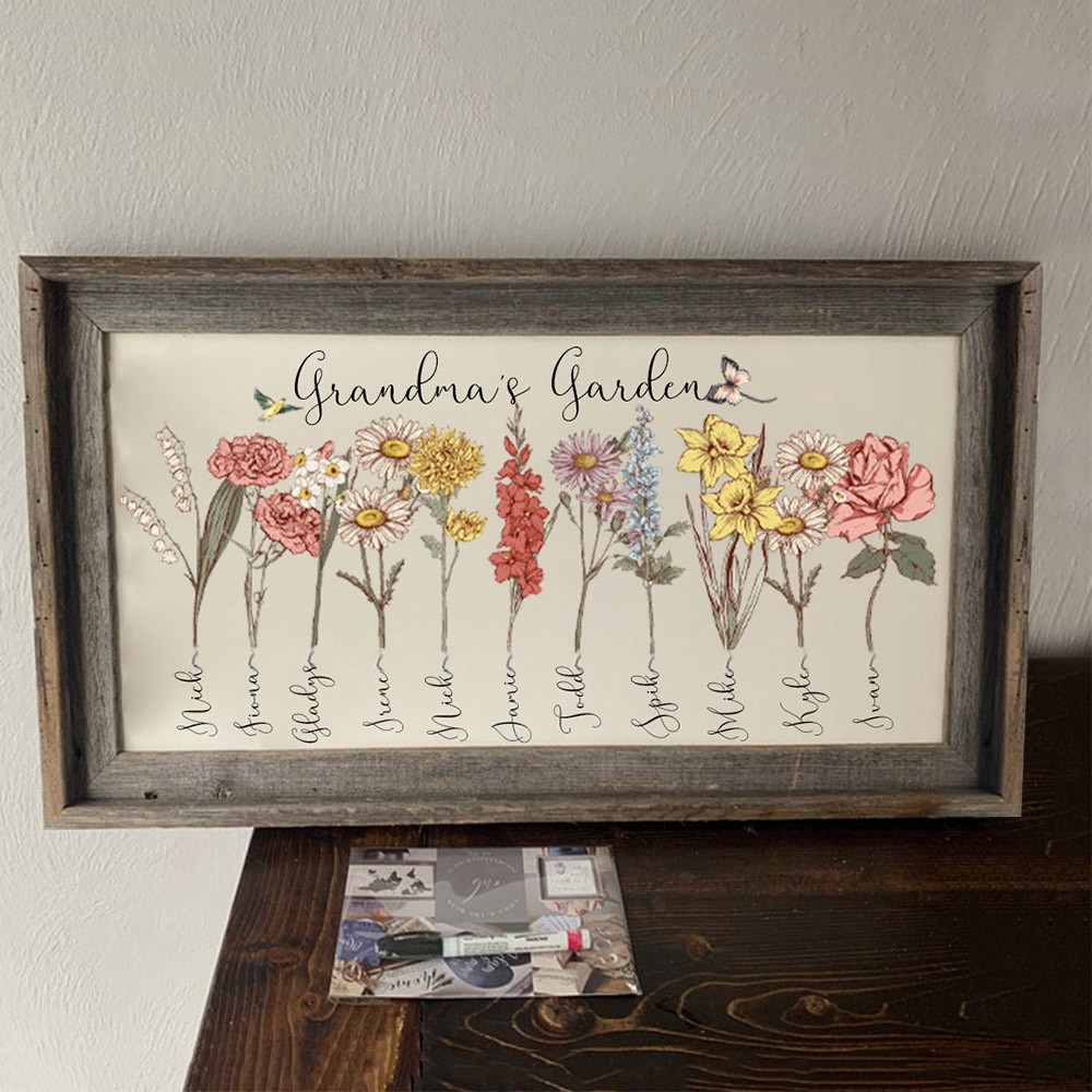 Personalized Grandma's Garden Birth Flower Frame With Grandchildren Name Home Wall Art For Mother's Day