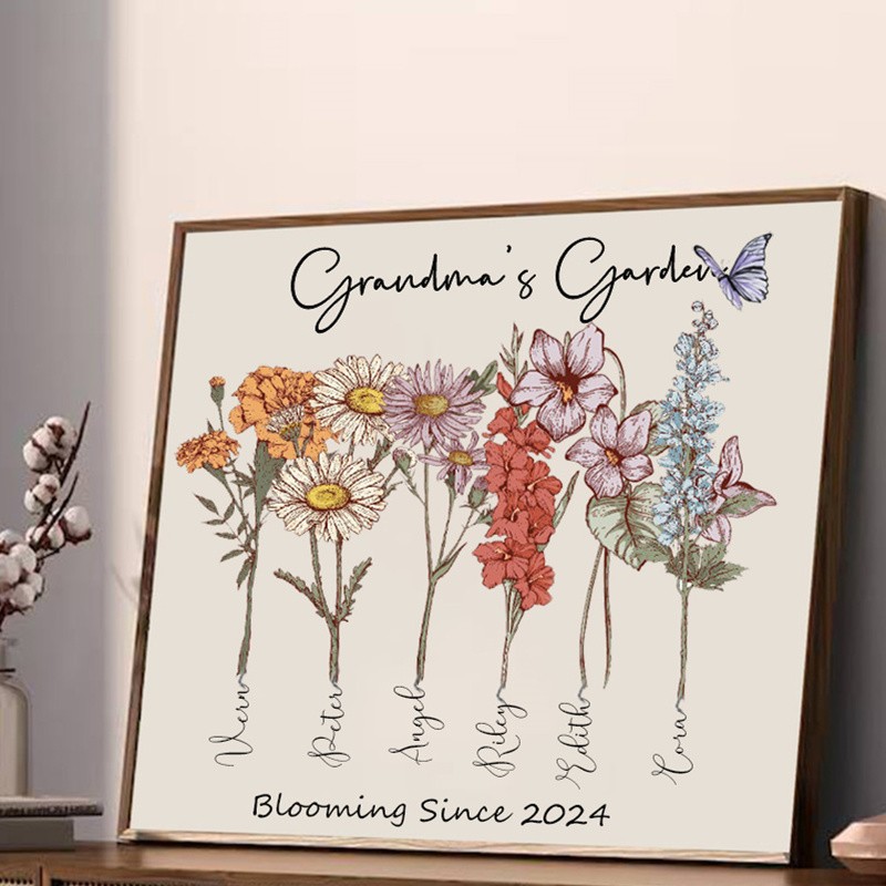 Personalized Grandma's Garden Birth Flower Wood Sign With Grandchildren Name Home Wall Art For Mother's Day