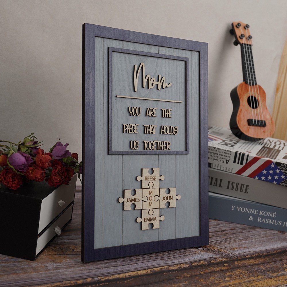 Mom Puzzle Pieces Personalized Engraved Wood Sign Home Wall Decor For Mothers Day Gift