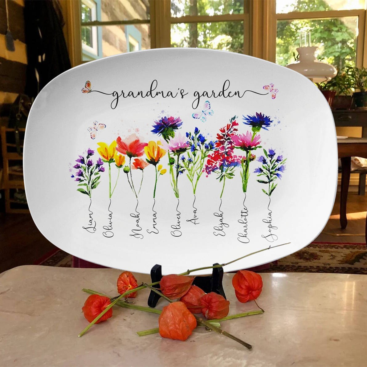 Grandma's Garden Platter Personalized Birth Flower Plate With Grandchildren Name For Mother's Day Gift