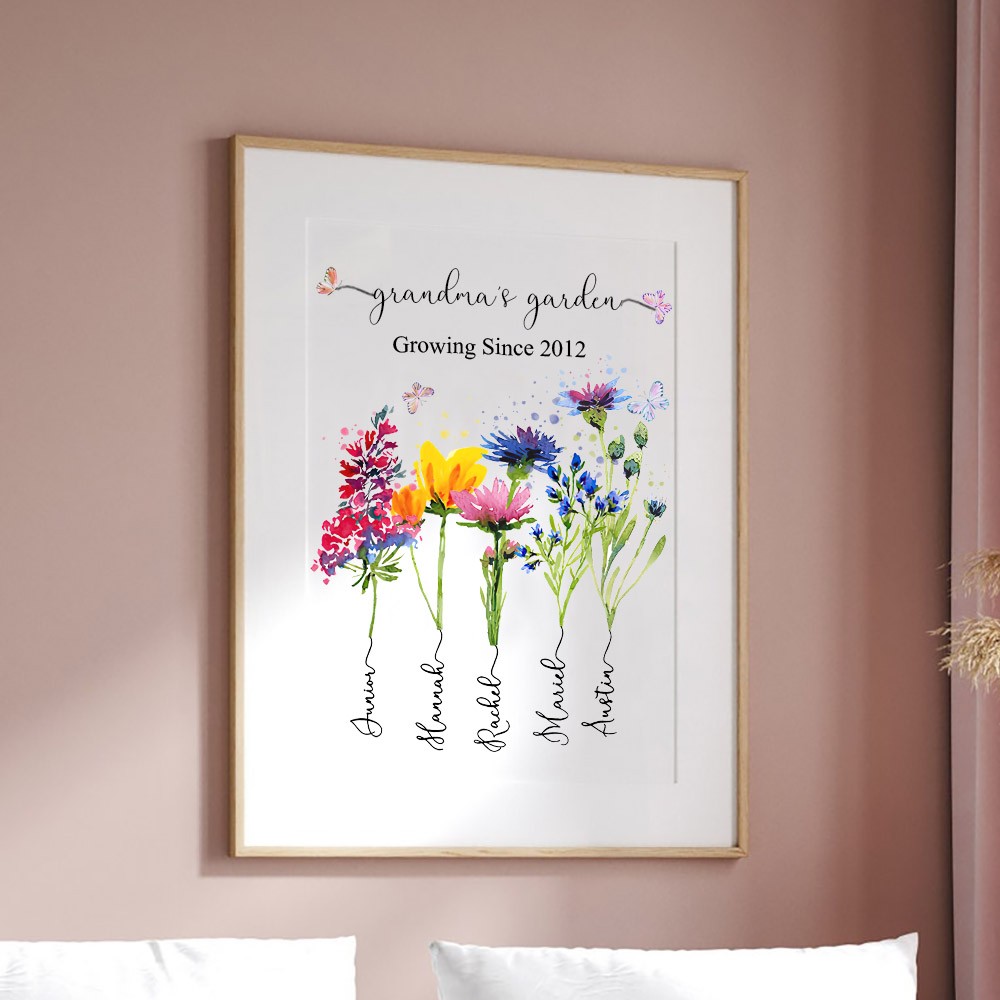 Personalized Grandma's Garden Frame Sign With Grandkids Names and Birth Flower Unique Mother's Day Gift