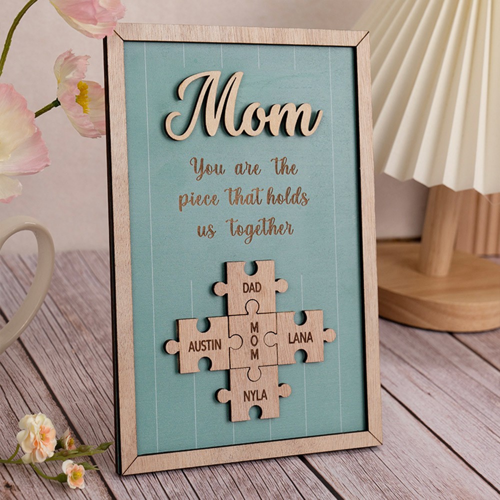 Mom Puzzle Pieces Personalized Engraved Wood Sign Home Wall Decor For Mothers Day Gift