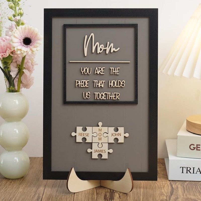 Mom Puzzle Pieces Personalized Engraved Wood Sign Home Wall Decor For Mothers Day Gift