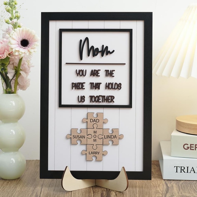 Mom Puzzle Pieces Personalized Engraved Wood Sign Home Wall Decor For Mothers Day Gift