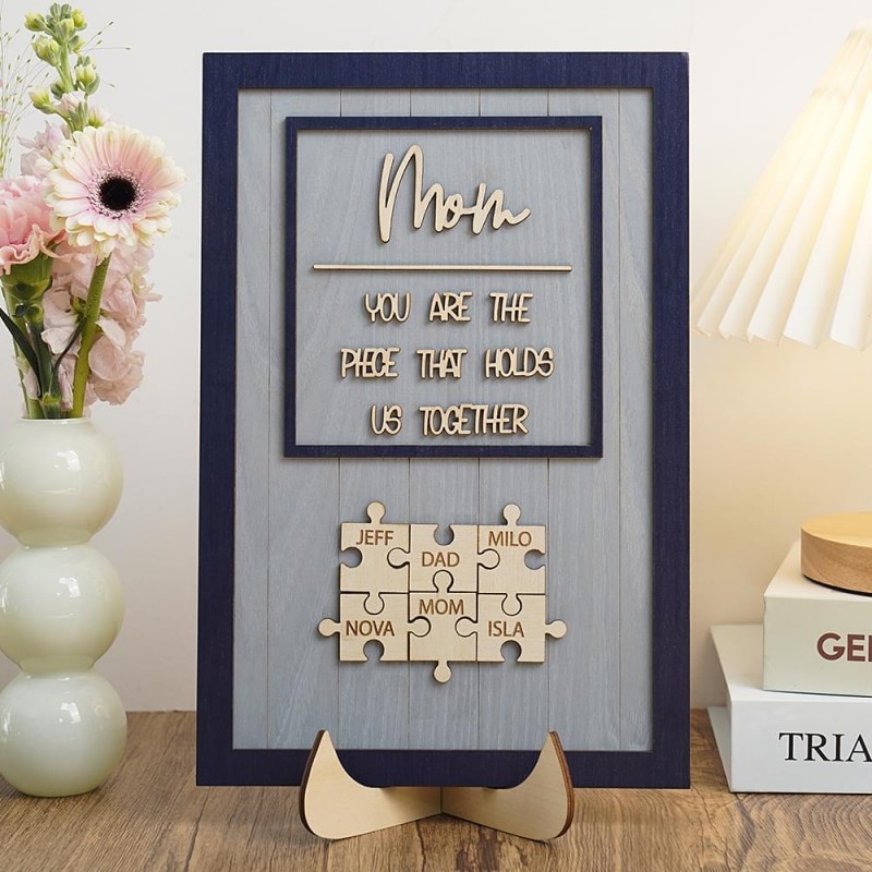 Mom Puzzle Pieces Personalized Engraved Wood Sign Home Wall Decor For Mothers Day Gift