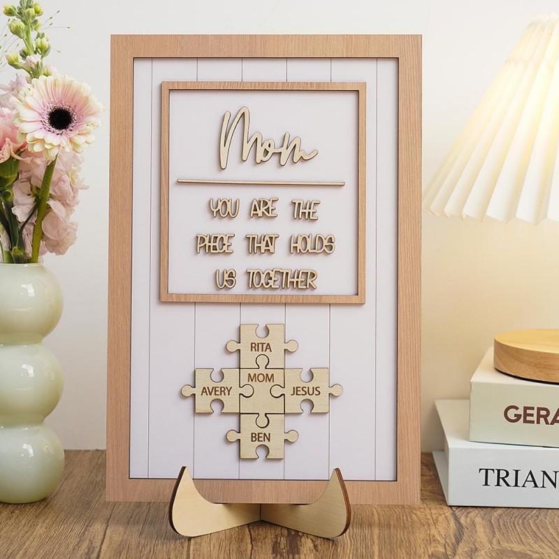 Mom Puzzle Pieces Personalized Engraved Wood Sign Home Wall Decor For Mothers Day Gift