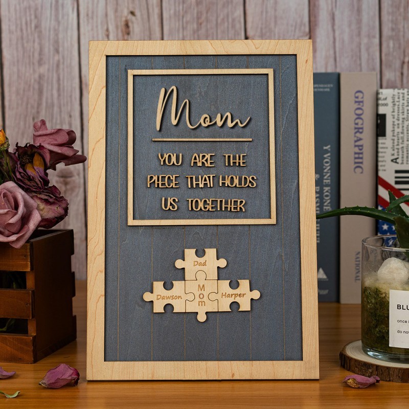 Mom Puzzle Pieces Personalized Engraved Wood Sign Home Wall Decor For Mothers Day Gift