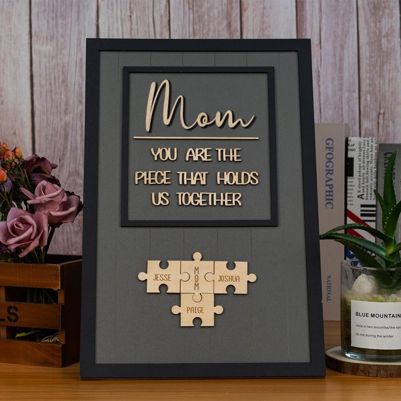 Mom Puzzle Pieces Personalized Engraved Wood Sign Home Wall Decor For Mothers Day Gift