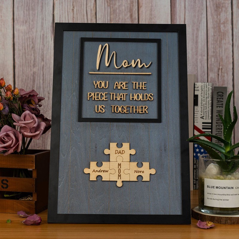 Mom Puzzle Pieces Personalized Engraved Wood Sign Home Wall Decor For Mothers Day Gift