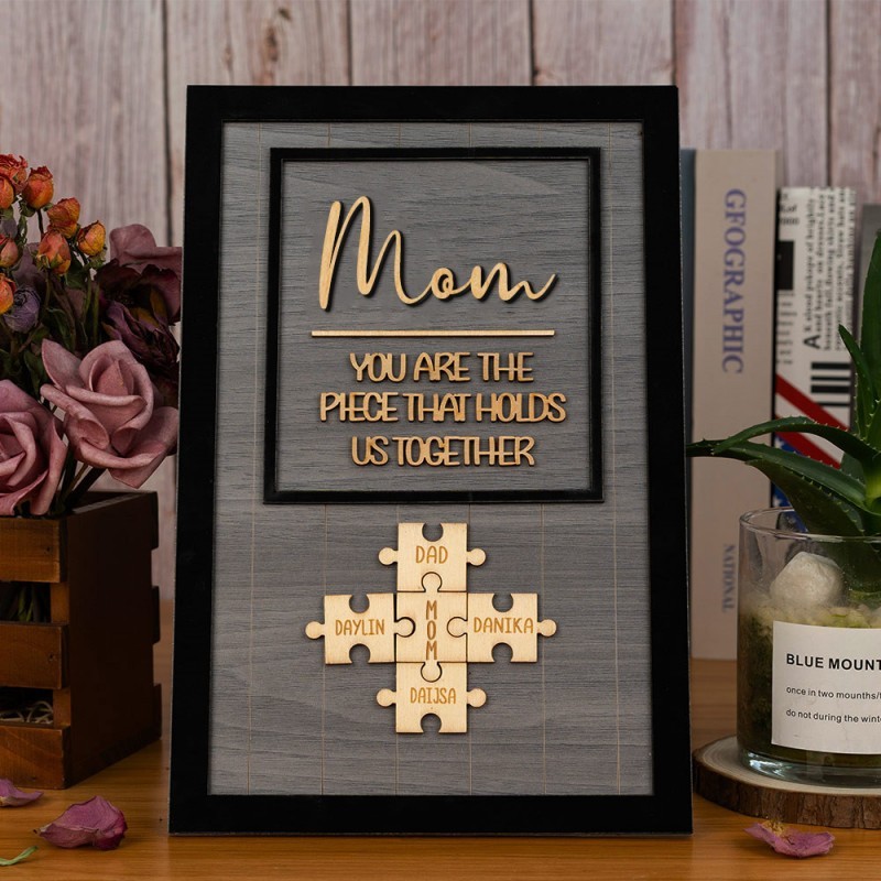 Mom Puzzle Pieces Personalized Engraved Wood Sign Home Wall Decor For Mothers Day Gift