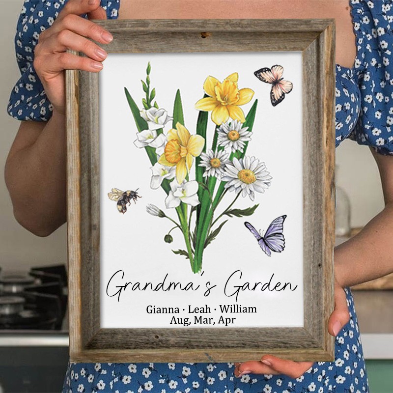 Grandma's Garden Custom Birth Flower Bouquet Art Wood Sign With Grandchildren Name For Mother's Day Gift Ideas