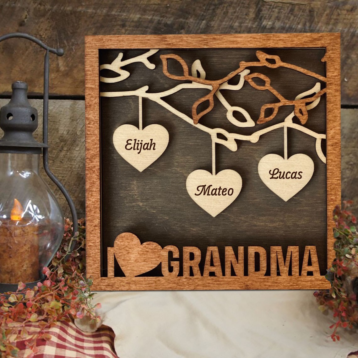 Personalized Wood Family Tree Sign With Name Engraved Home Decor For Mother's Day Love Grows Here