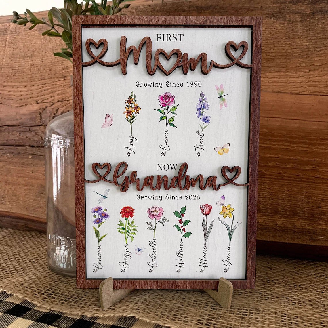 First Mom Now Grandma Custom Birth Flower Wood Sign Home Wall Art For Mothers Day Gifts