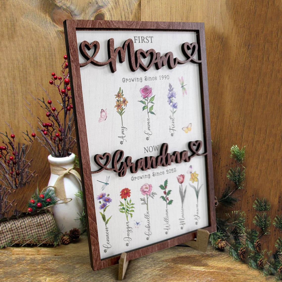 First Mom Now Grandma Custom Birth Flower Wood Sign Home Wall Art For Mothers Day Gifts